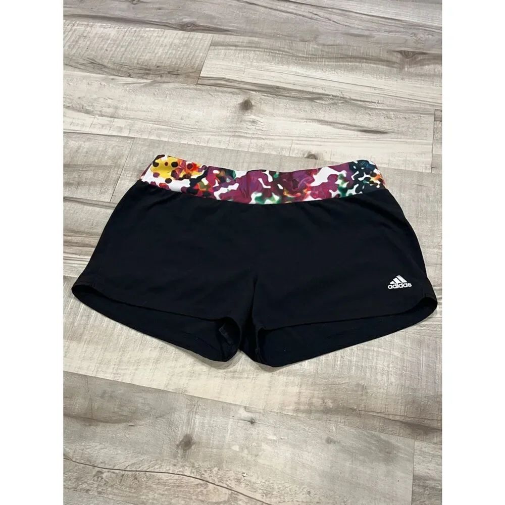 adidas Women's Black Athletic Shorts with Multicolor Floral Waistband
